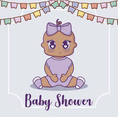 baby shower design with cute baby girl and decorative pennants over blue background, colorful design. vector illustration