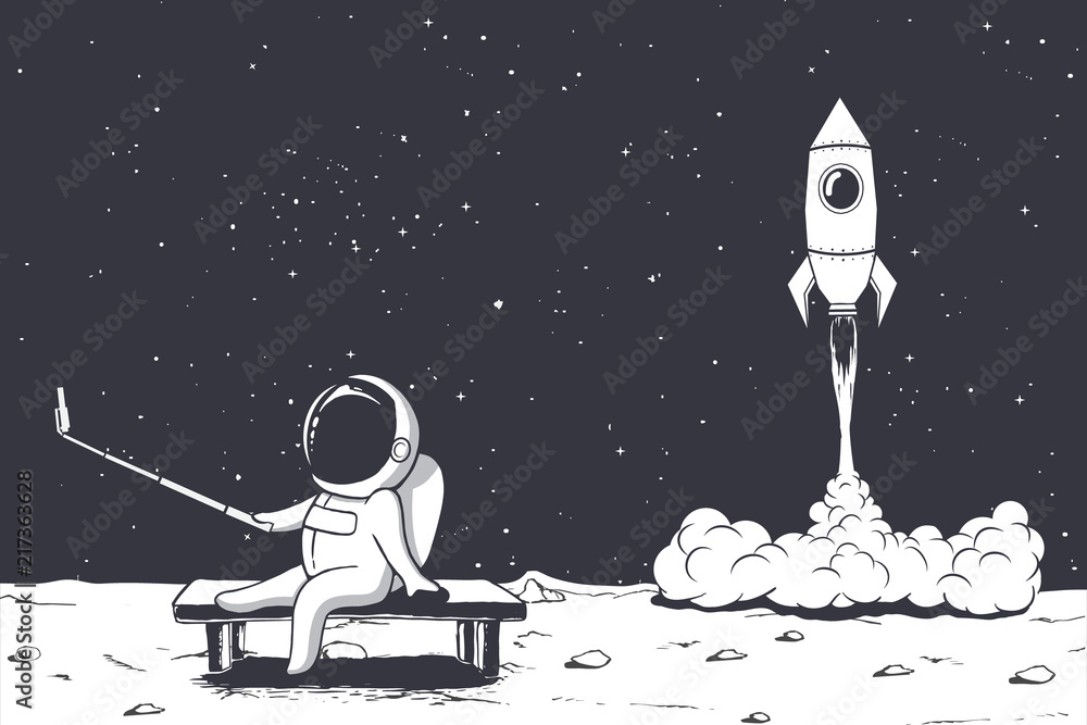 Canvas Prints astronaut photographs himself on moon against the background of a rocket .space theme.vector illustr