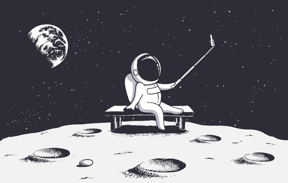 astronaut photographs himself on Moon.Space theme.Vector illustration