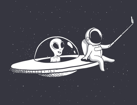 astronaut photographs himself and alien on flying saucer.Vector illustration