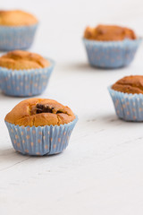 Closeup of homemade vanilla muffins in blue paper cups in rows on white wooden background. Healthy snack.