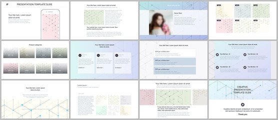 Minimal presentations, portfolio templates. Presentation slides for flyer, brochure, report. Line art pattern with connecting lines. Abstract geometric background. Technology, digital network concept.