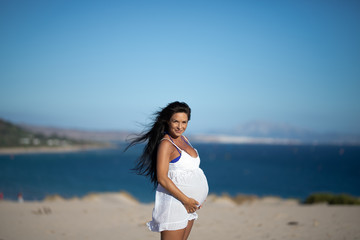 Fototapeta na wymiar A pregnant model on the beach in summer. 