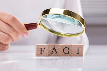 Hand Holding Magnifying Glass Over Blocks Showing Fact Word