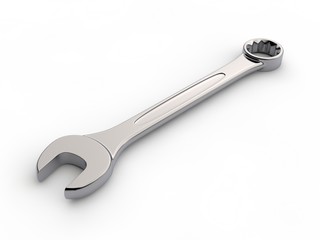 Image, wrench illustration on white isolated background. The key of stainless steel, shiny chrome plated. 3D rendering