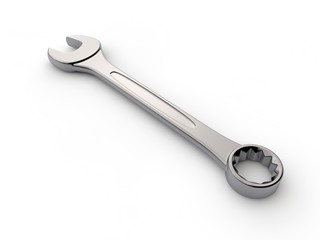 Image, wrench illustration on white isolated background. The key of stainless steel, shiny chrome plated. 3D rendering