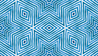 Blue Geometric Watercolor. Cute Seamless Pattern. Hand Drawn Stripes. Brush Texture. Astonishing Che