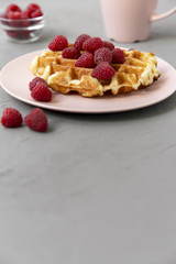 Traditional belgian waffle with raspberries on pink plate over gray background, side view.