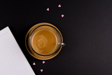 Paper, Cup of coffee on a Wooden tray, Small hearts, on black table, shot from above, with place for your text, Love letter concept