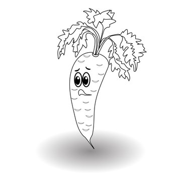 Cartoon vegetable - outline carrot. Cute character vegetable carrot face isolated on white background vector illustration. Simple outline carrot face icon vector. Cartoon face food emoji. 