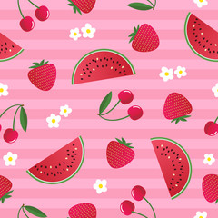 Colorful bright fruit summer seamless pattern with strawberry, cherry, watermelon and flowers on a pink background. Vector illustration