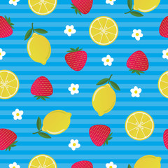 Colorful bright friuty summer seamless pattern with strawberry and lemon on blue background. Vector illustration