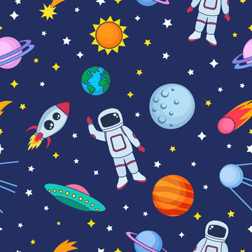 Cute seamless colorful pattern with space cosmonaut stars planets earth ufo rockets spaceships satellite sun comet on dark blue background. Vector illustration for kids, wrapping paper, textile etc