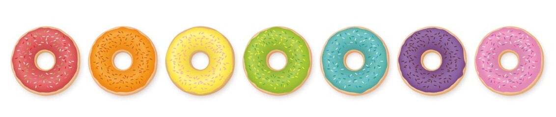 Donuts. Rainbow colored set of seven donuts. Isolated vector illustration on white background.