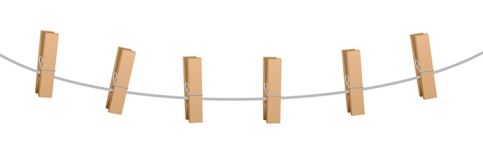 Six clothes pins on a clothes line rope - wooden pegs holding nothing.