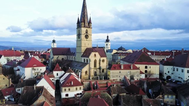 Medieval city of Sibiu - view from drone - 4K. It presents the old town with unique architecture and a great medieval church