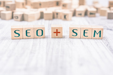 The Words SEO And SEM Formed By Wooden Blocks On A White Table