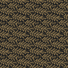 Branches with leaves luxury golden seamless pattern. Textured hand drawn with brush. Vector illustration