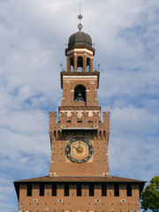 Fototapeta premium Milan,Italy-July 24, 2018: The central tower or Torre del Filarete of Sforza Castle or Castello Sforzesco, Milan 