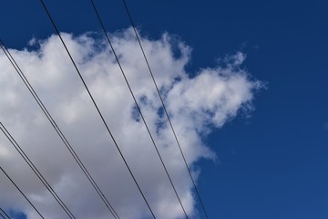 Fototapeta na wymiar Overhead wire cables in the clouds