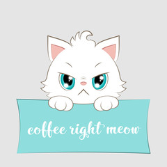 Cute cartoon white kitten with hand drawn lettering. Vector Illustration