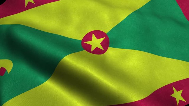 Photorealistic 4k Close up of grenada flag slow waving with visible wrinkles and realistic fabric. A fully digital rendering, 3D Animation. 15 seconds 4K, Ultra HD resolution grenada flag animation.