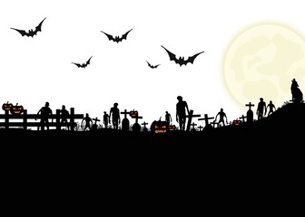 Halloween night background with silhouette of tomb, full moon, bats, wolf and zombie on white background, Hand drawn for Halloween party concept,  Space for text in template
