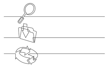 banner design - continuous line drawing of business icons: looking glass, upload folder, connection arrows