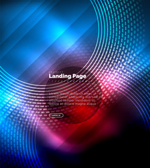 Neon glowing techno lines, hi-tech futuristic abstract background template with circles, landing page template