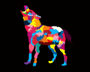 Colorful Howling Wolf Pop Art Cartoon Poster Graphic