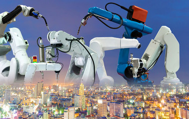 Robot replacement Industrial 4.0 of things technology robot future arm and man using controller for...