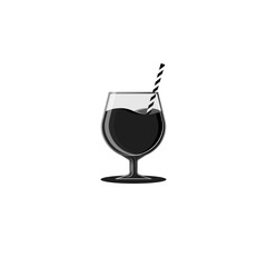 Activated charcoal in black antioxidant cocktails, isolated glass with striped black and white drinks tube stylish vector illustration