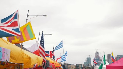 A slow-motion video of different national flags blowing in the wind on a cloudy day. - Powered by Adobe