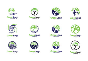 Set of People Tree Logo and Icon Template, Green logo vector