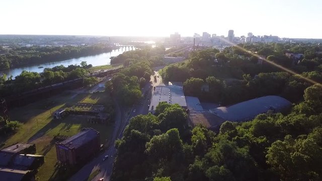 Aerial footage of Richmond, VA during a sunset from the angle of Church Hill