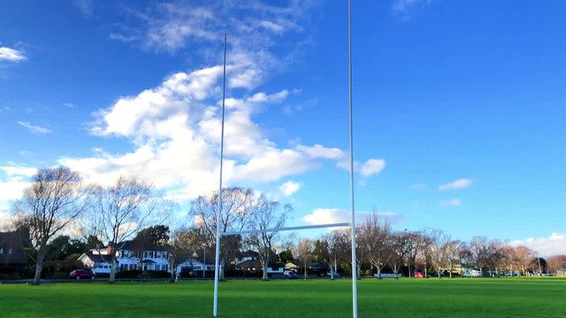 Rugby goalposts against a blue Sky