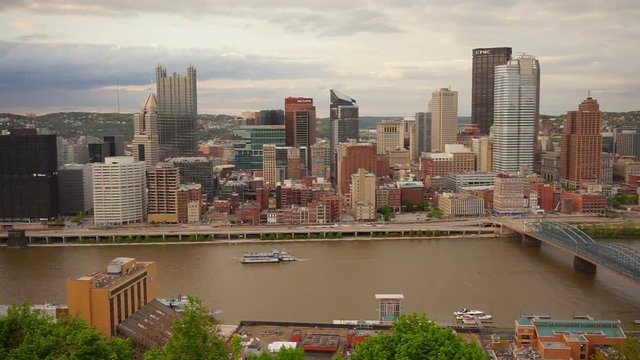 Pittsburgh Pennsylvania Downtown Urban City Skyline Boats Moving Monongahela River