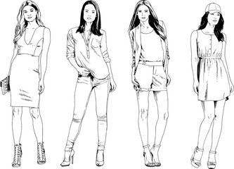 vector drawings on the theme of beautiful slim sporty girl in casual clothes in various poses painted ink hand sketch with no background