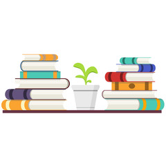 Stack of books with colored covers and plant in pot in flat design style.