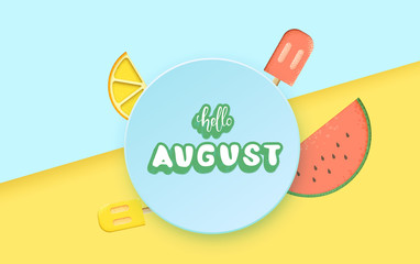 Hello august inscription with handwritten lettering. Vector illustration.