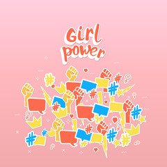 Girl power composition sticker card. Vector illustration.