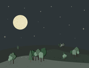 Night landscape with trees and moon. Vector illustration.