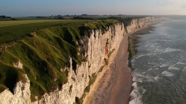 Drone footage of the cliffs of Fécamp, France.
