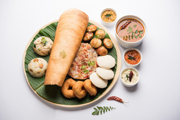 Group of South Indian food like Masala Dosa, Uttapam, Idli/idly, Wada/vada, sambar, appam, semolina...