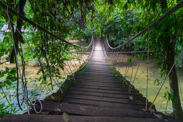 Fototapeta premium Mały drewniany wiszący most krzyżuje tropikalną rzekę z jasną wodą i otaczaniem z drzewami.