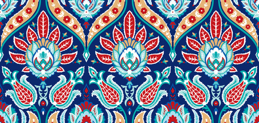 Vector seamless colorful pattern in turkish style. Vintage decorative background. Hand drawn ornament. Islam, Arabic, ottoman motifs. Wallpaper, fabric, wrapping paper print. - obrazy, fototapety, plakaty