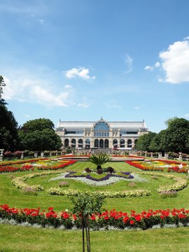 Botanical garden Flora in Cologne on a a sunny summer day with coloured flowers and blue sky in the background, a beautiful place for a visit.