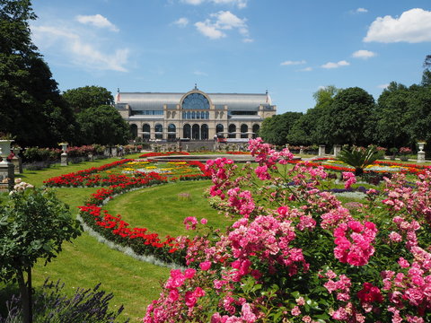 Botanical garden Flora in Cologne on a a sunny summer day with coloured flowers and blue sky in the background, a beautiful place for a visit.