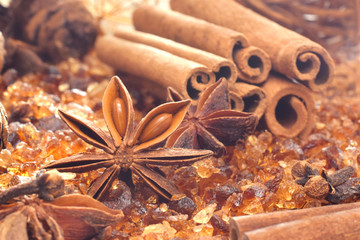Obraz na płótnie Canvas Christmas spices cinnamon, anise star and brown sugar