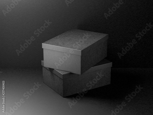Download Two Black Shoe Or Dress Boxes Packaging Mockup In Dark Studio Wall Mural Customdesigner